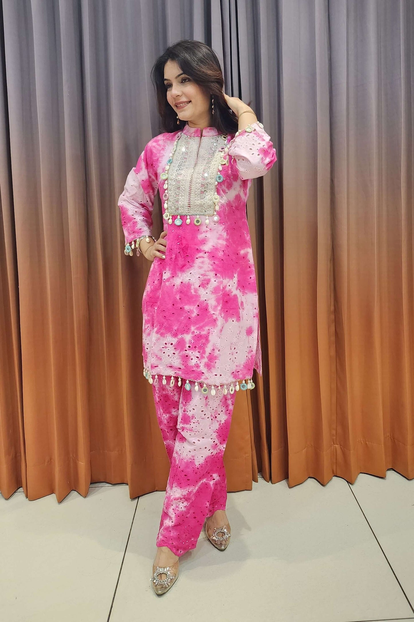 pink tie-dye kurta set