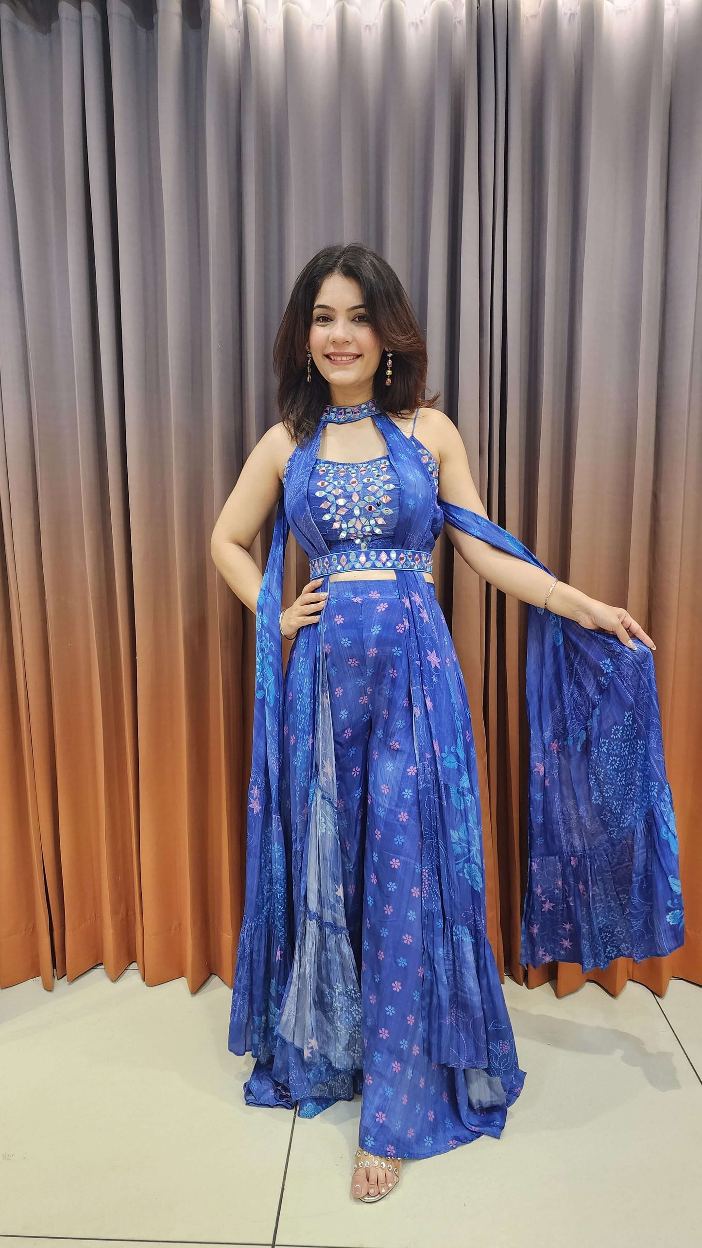 blue mirror-work indo-western