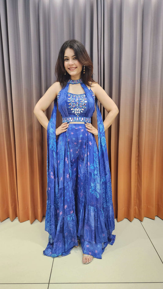 blue mirror-work indo-western 