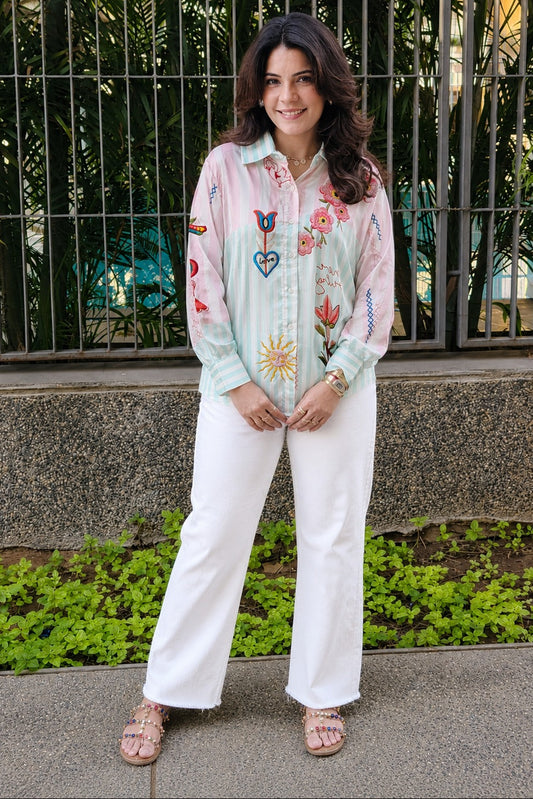 Mint Blossom Embroidered Shirt