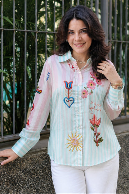 Mint Blossom Embroidered Shirt